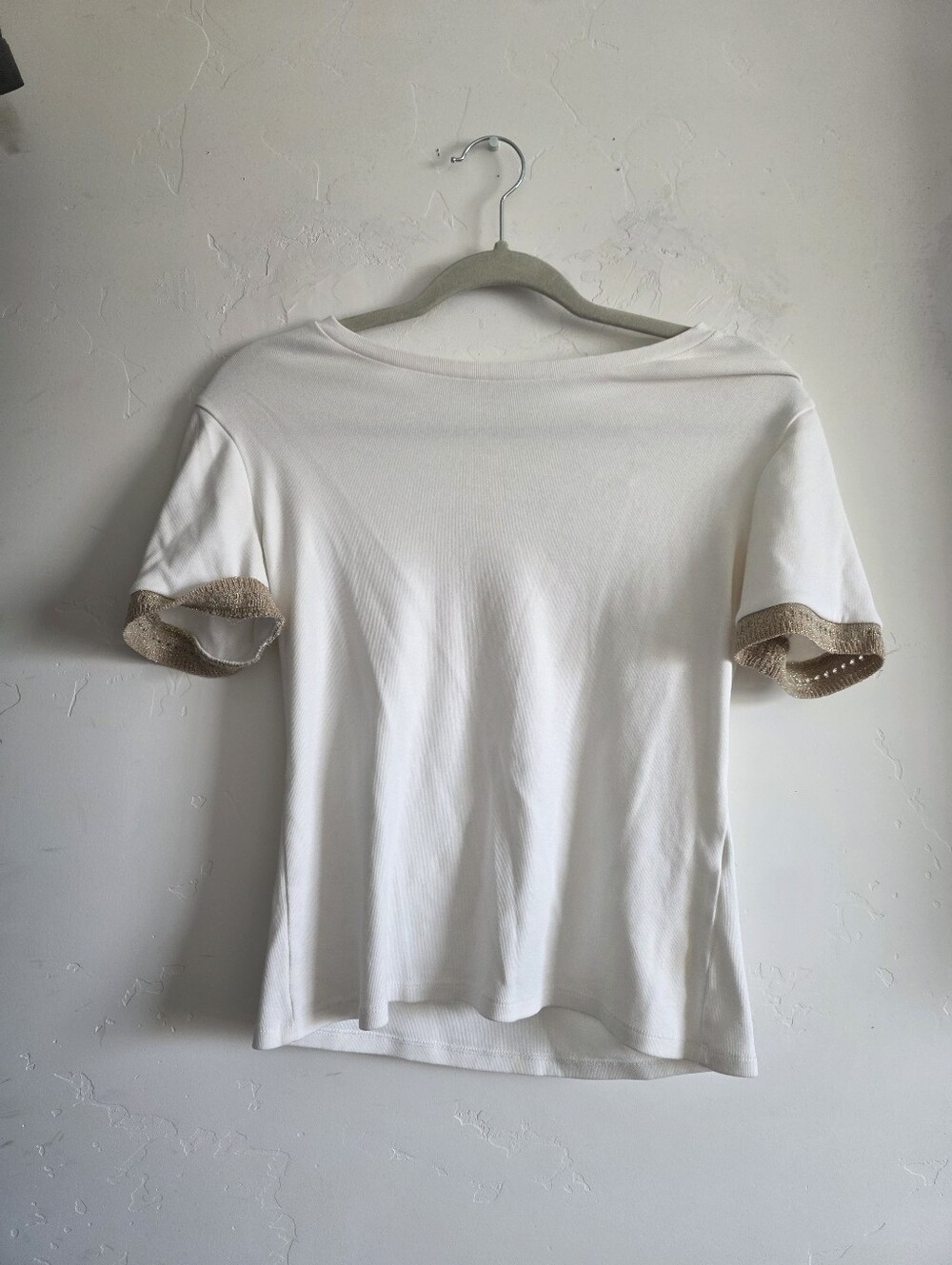 Zara Cream Short Sleeve Tee with Tan Crochet Trim